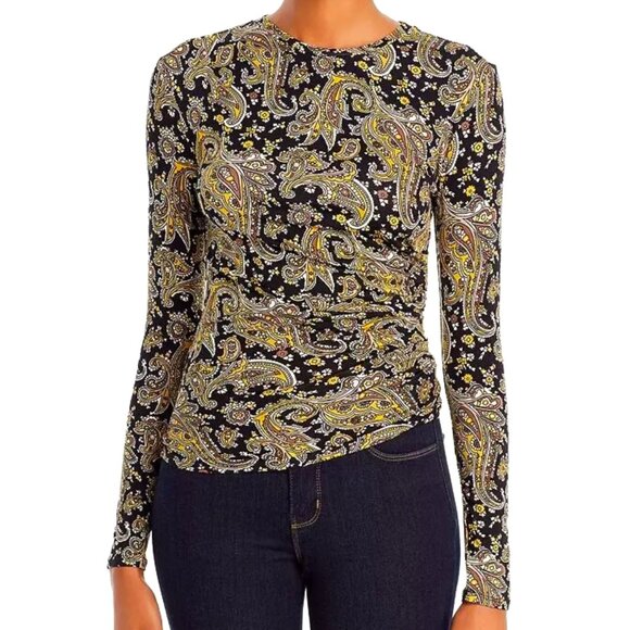 Joie Alaxandra‎ Ruched Paisley Print Long Sleeve Top in Golden Hour Size Medium - Picture 1 of 5